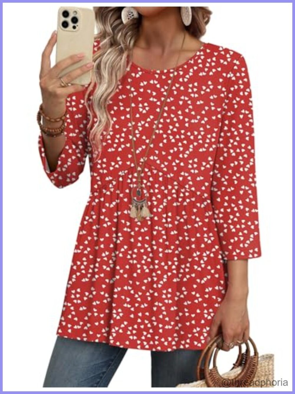 Womens 3/4 Sleeve Babydoll Tunic Top Loose Fit Dressy Casual Blouse